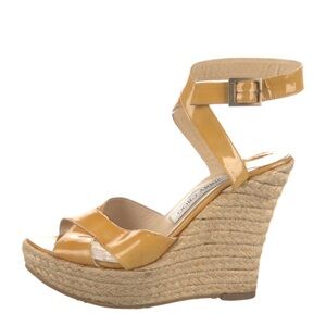 Jimmy Choo Tan Patent Wedge Sandals Size 8